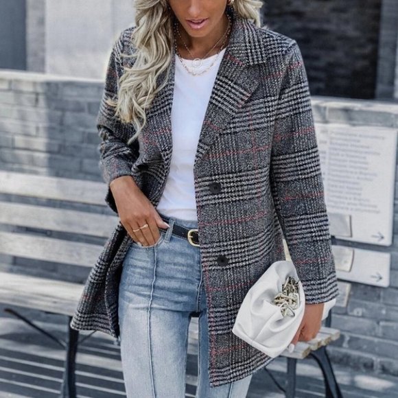 . Jackets & Blazers - Chic Classy plaid button down Overcoat Jacket Shacket Coat black